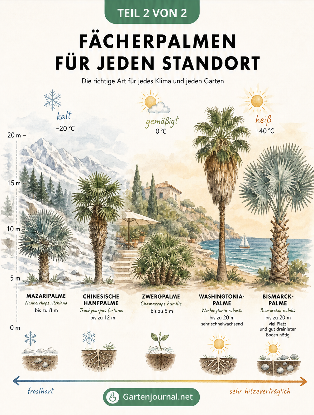 Landschaftsgrafik zur Standortwahl von Fächerpalmen, die Wuchshöhe und Klimabeständigkeit von frostigen Bergregionen bis zu heißen Küstenstreifen zeigt