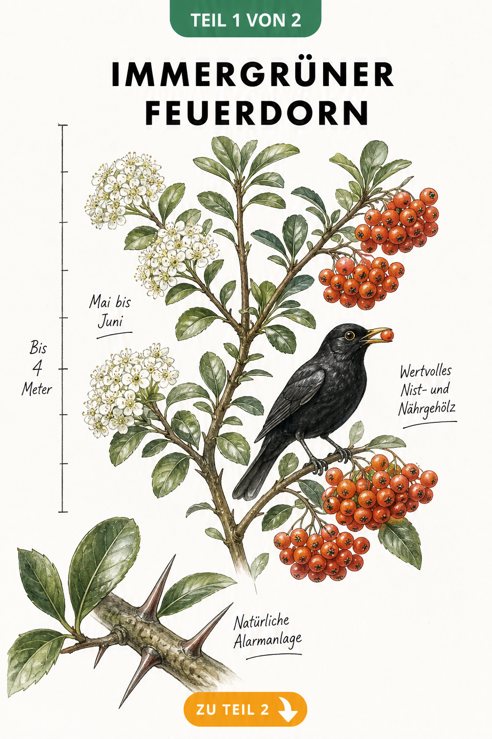 Botanische Illustration des Feuerdorns mit weißen Blüten im Frühling, roten Beeren im Herbst, einer Amsel und scharfen Dornen.