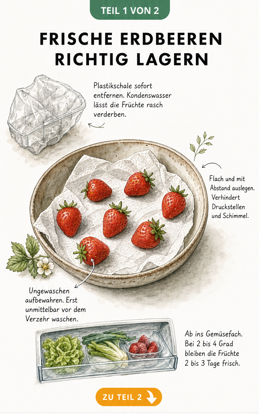 Illustration zur richtigen Lagerung von frischen Erdbeeren in einer flachen Schale