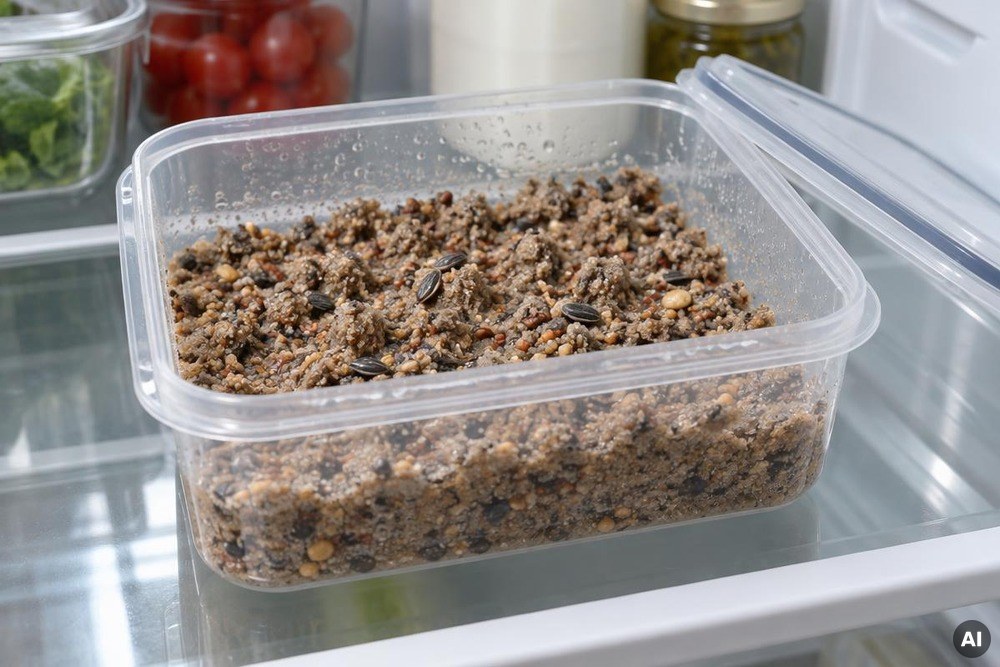 Samen von Frostkeimern werden in einer Plastikdose im Kühlschrank stratifiziert