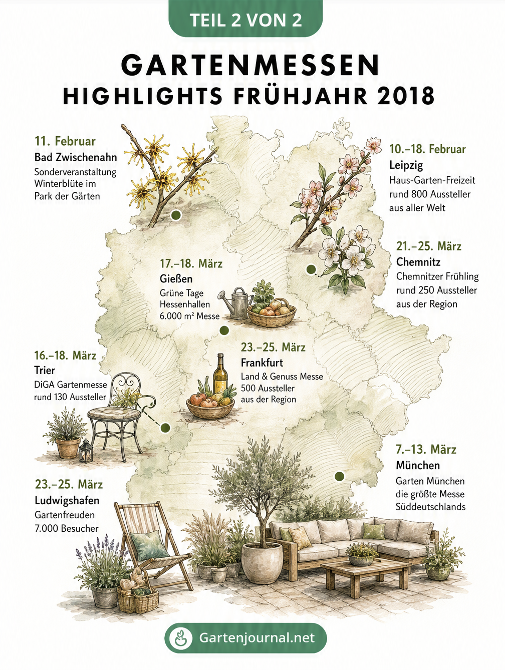Stilisierte Landkarte von Deutschland mit handgezeichneten Pflanzenmotiven und Standorten der Gartenmessen im Frühjahr 2018