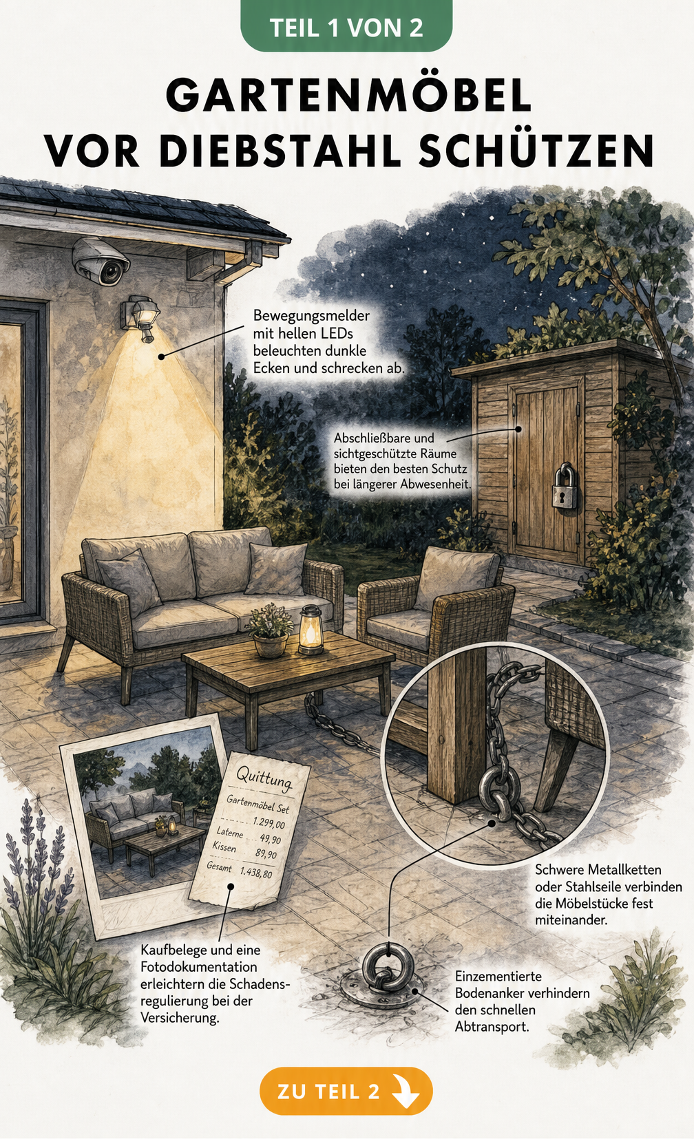 Illustration einer Terrasse mit gesicherten Gartenmöbeln, Bewegungsmelder, Bodenanker und Vorhängeschloss am Schuppen