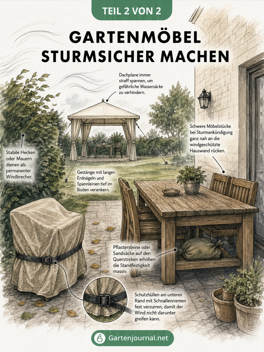 Querschnitt einer Terrasse bei Sturm mit gesicherten Gartenmöbeln, Sandsäcken und straff gespanntem Pavillon