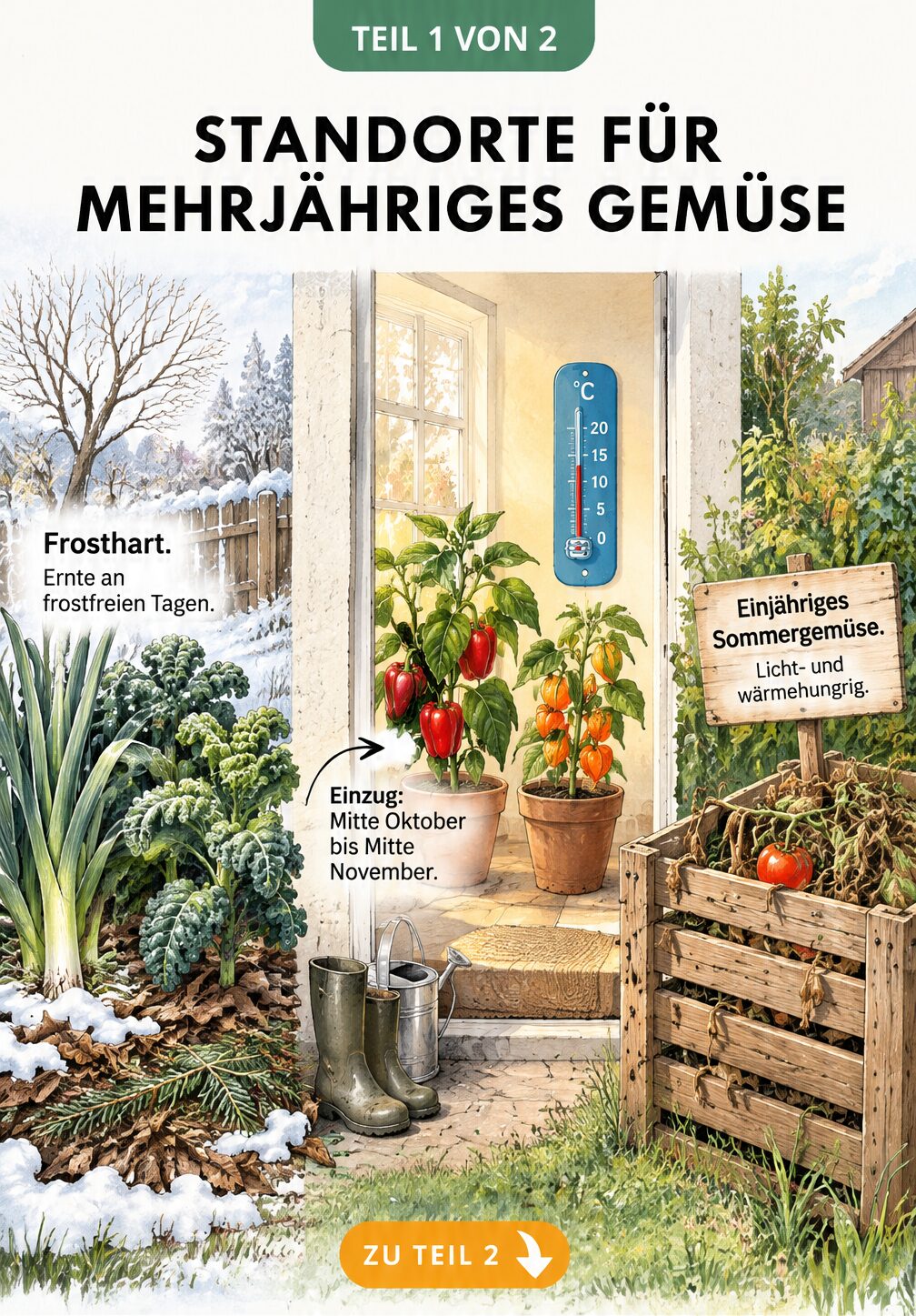 Infografik zur Einteilung von Gemüsepflanzen in Wintergemüse, mehrjährige Pflanzen für drinnen und einjähriges Sommergemüse.
