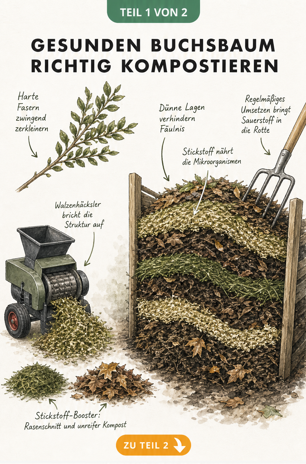 Illustration eines Walzenhäckslers, der gesunde Buchsbaumzweige zerkleinert, und ein Querschnitt eines Komposthaufens mit Schichten aus Schreddergut,...
