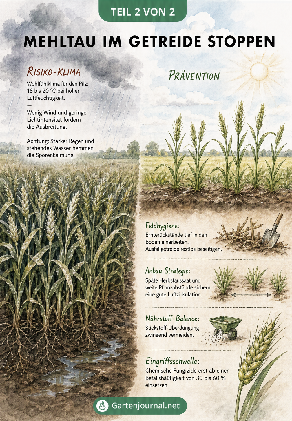 Illustration einer Feldlandschaft, die Risikofaktoren und Präventionsmaßnahmen gegen Getreidemehltau gegenüberstellt