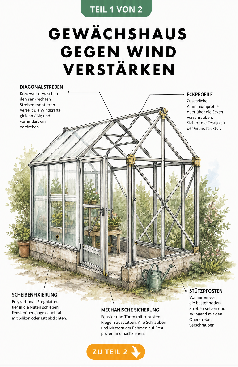 Architektur-Skizze eines Gewächshauses mit Details zur Verstärkung von Rahmen, Streben und Scheiben gegen Wind.