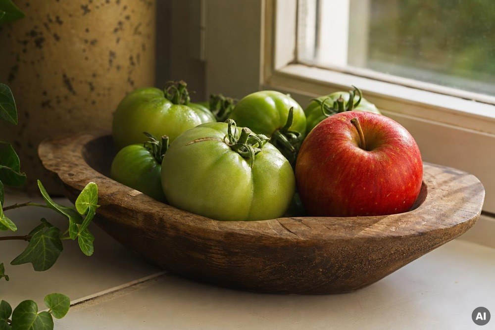 Unreife grüne Tomaten liegen zusammen mit einem Apfel an einem warmen Ort im Haus