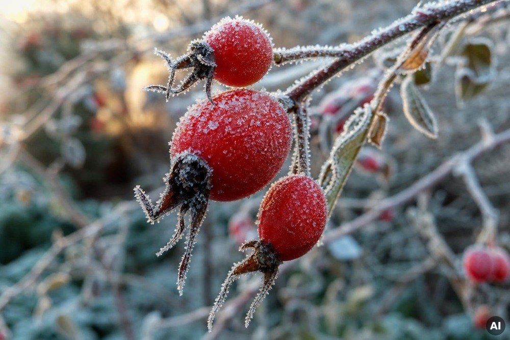 Leuchtend rote Hagebutten an einem ungeschnittenen Rosenstrauch im Schnee