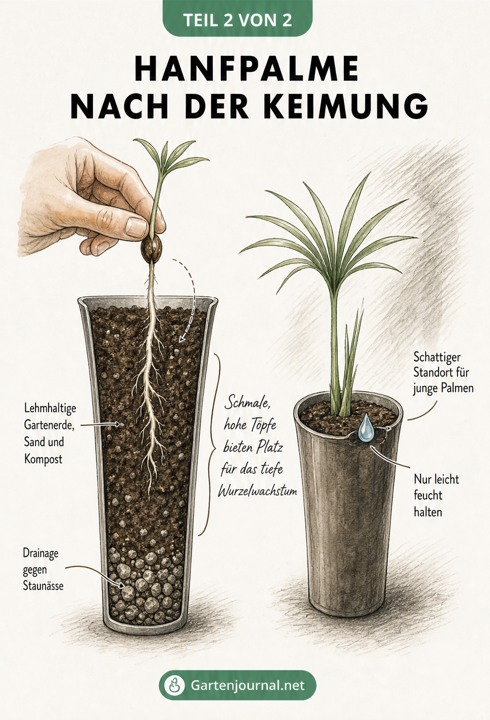 Skizze einer jungen Hanfpalme nach der Keimung: Ein schmaler, hoher Pflanztopf im Querschnitt mit Drainage, lehmhaltiger Erde und einem Sämling mit langer...