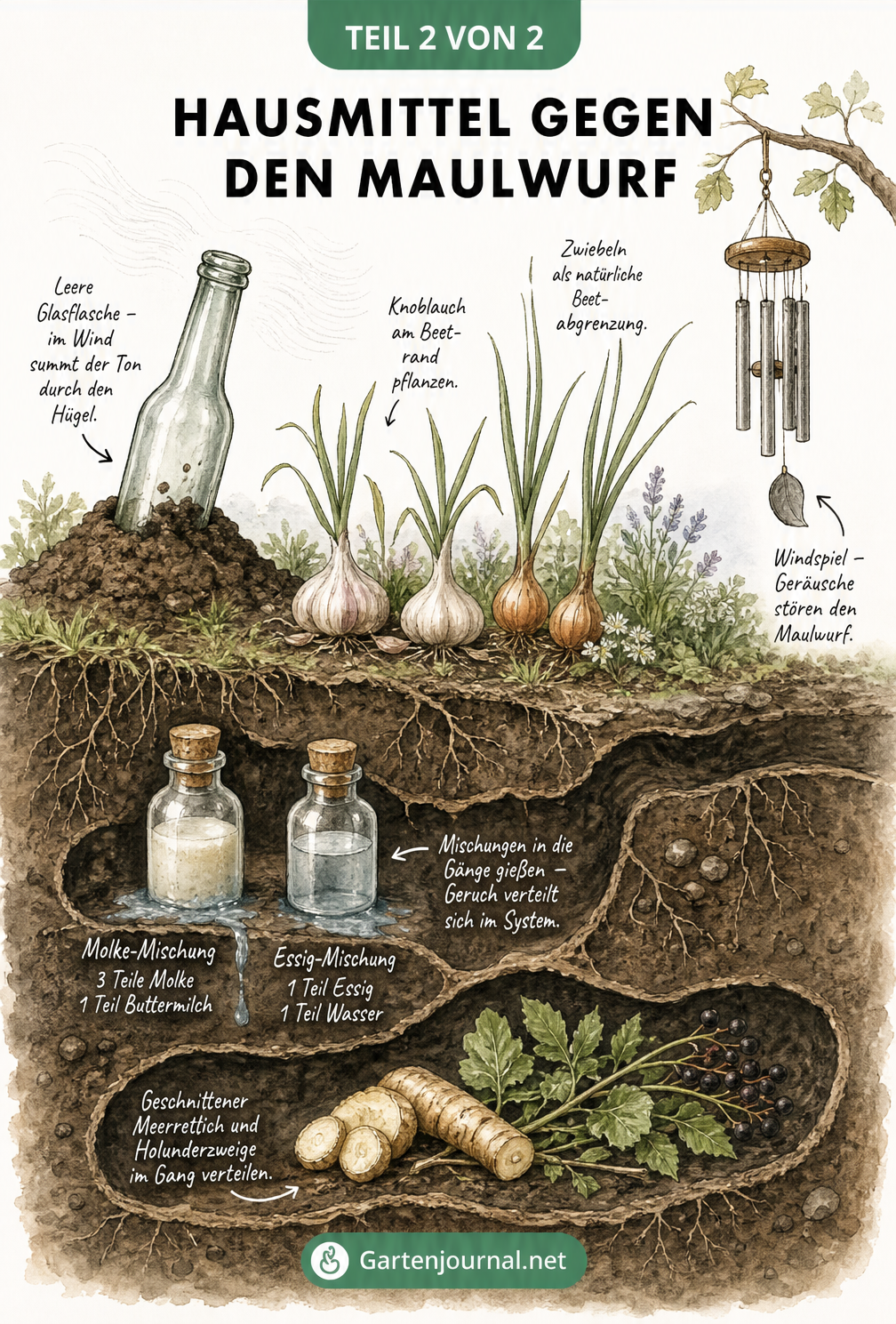 Gartenlandschaft mit oberirdischen und unterirdischen Hausmitteln gegen Maulwürfe wie Knoblauch, Windspiel und Buttermilch-Molke-Mischung.