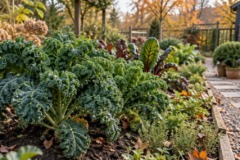 Üppige Grünkohlpflanzen in einem gepflegten Gemüsegarten an einem kühlen Herbsttag.
