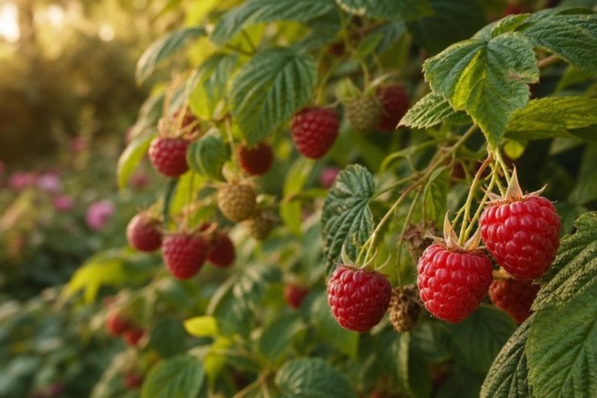 Nahaufnahme von reifen Himbeeren an einem grünen Strauch in einem sonnigen Garten