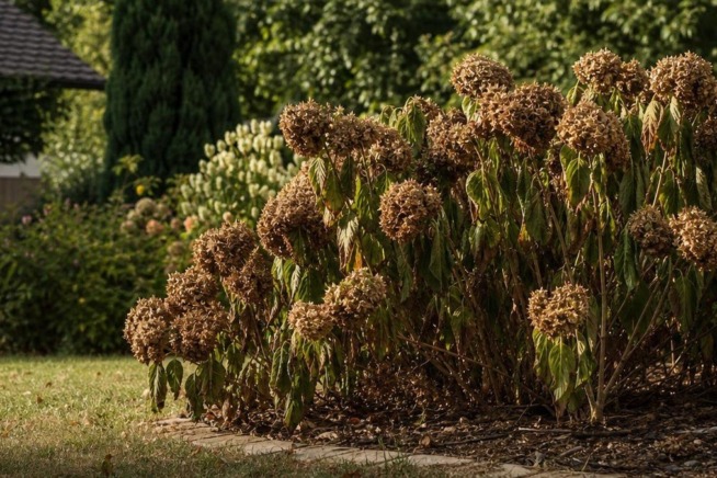 Eine vertrocknete Hortensie mit braunen Blättern und Blüten in einem sonnigen Garten
