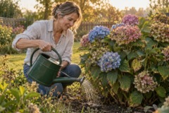 Frau gießt eine Bauernhortensie mit blauen und rosa, teils verblühten Blüten im warmen Spätsommerlicht