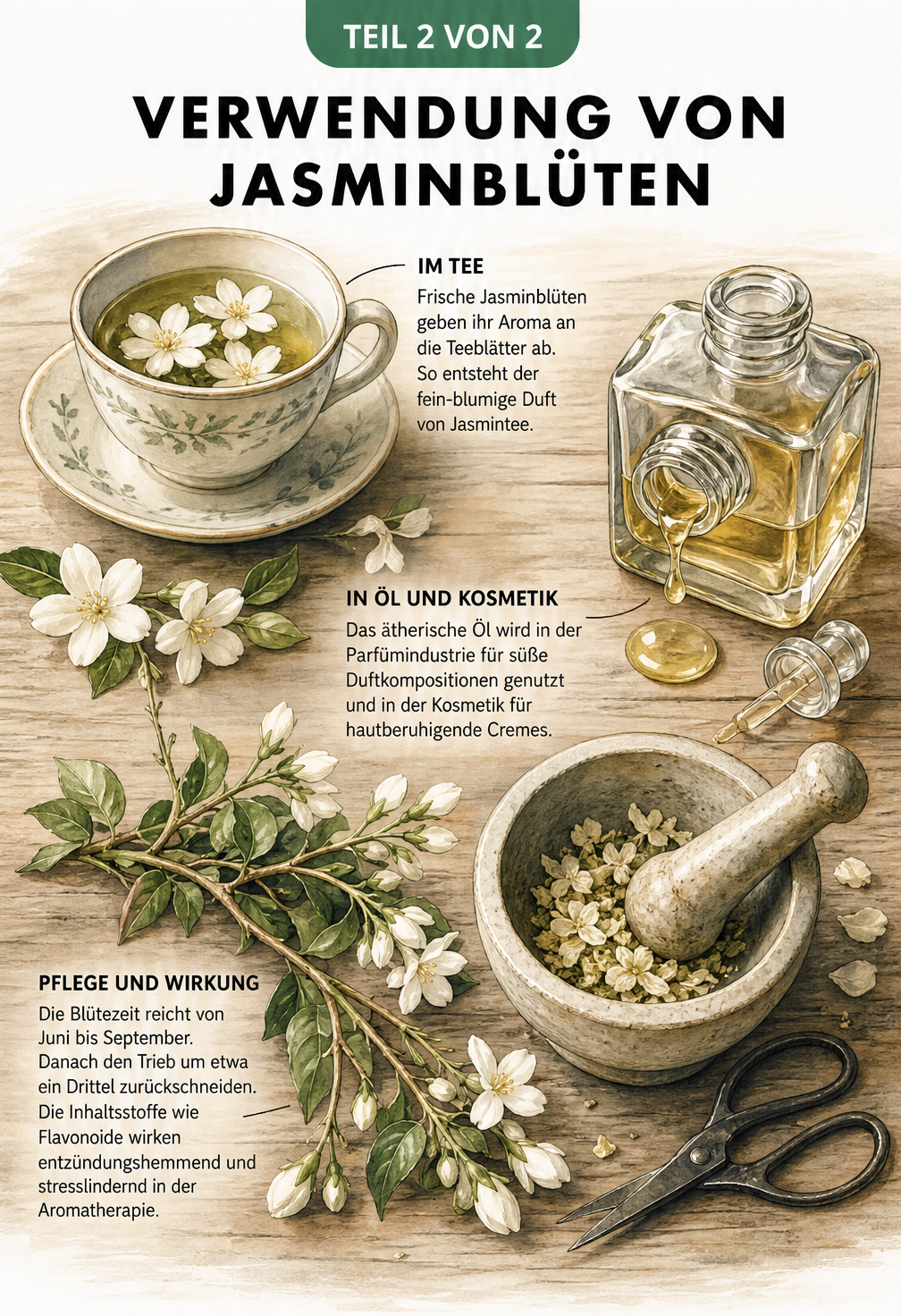 Illustration von Jasminblüten in einer Teetasse, einem Glasflakon mit ätherischem Öl und einem Jasmintrieb neben einem Mörser