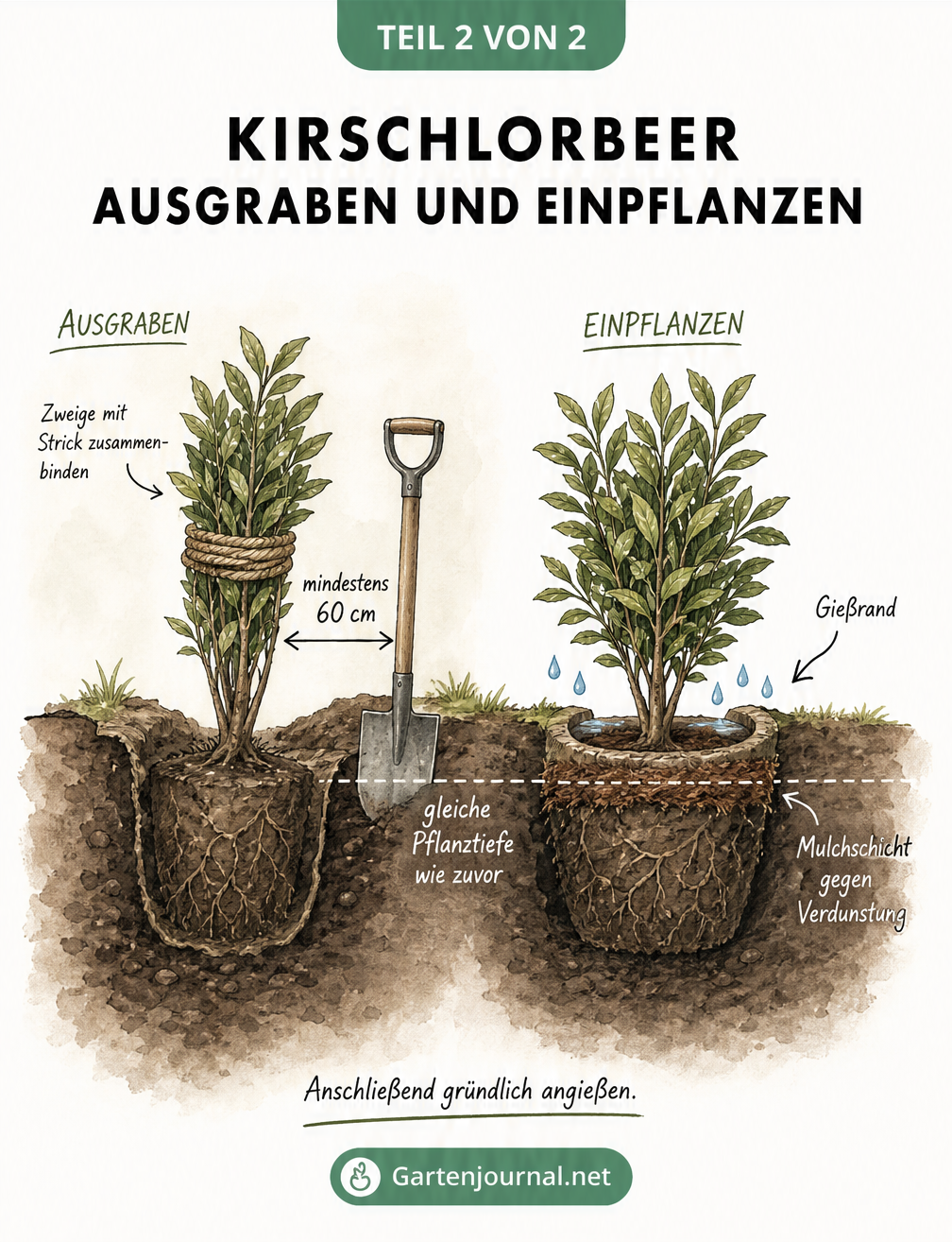 Querschnittszeichnung, die das Ausgraben eines zusammengebundenen Kirschlorbeers und das Einpflanzen am neuen Standort mit Gießrand und Mulchschicht zeigt.
