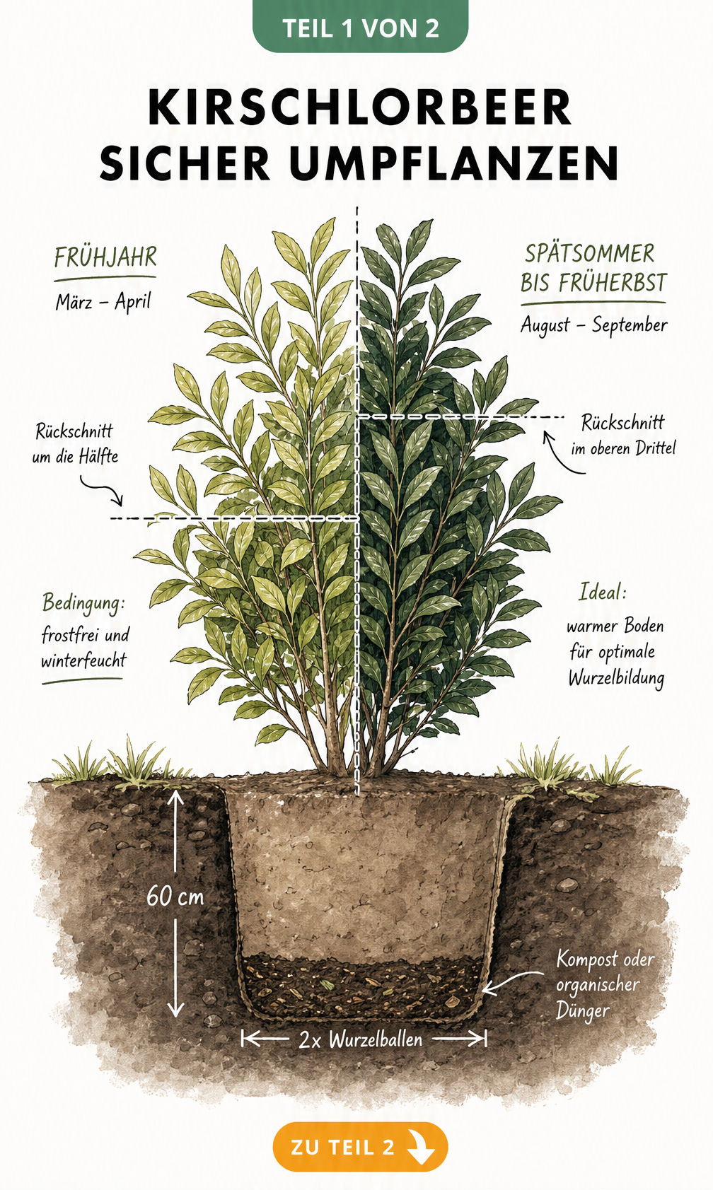 Illustration eines Kirschlorbeers mit Markierungen für den Rückschnitt im Frühjahr und Herbst sowie einem Querschnitt des Pflanzlochs.