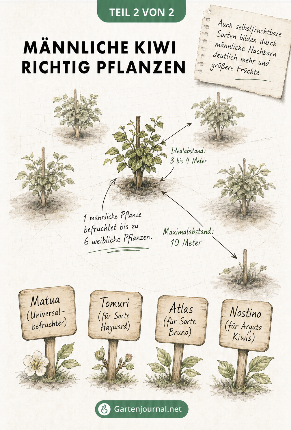 Gartenskizze mit Pflanzabständen für Kiwisträucher und passenden Befruchtersorten