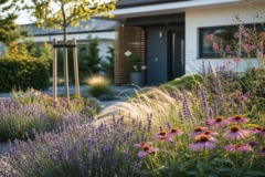 Ein moderner, sonniger Vorgarten mit einer blühenden Vielfalt aus Lavendel, Steppen-Salbei und Gräsern.