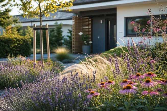 Ein moderner, sonniger Vorgarten mit einer blühenden Vielfalt aus Lavendel, Steppen-Salbei und Gräsern.