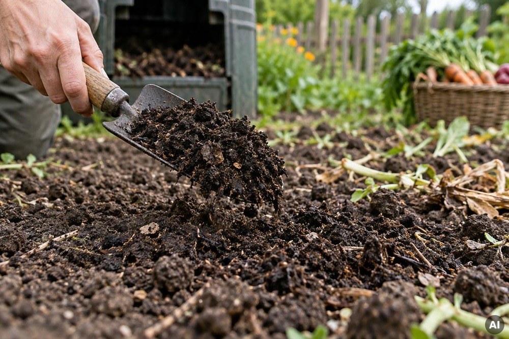 Eine Schicht reifer Kompost wird auf einem Gartenbeet verteilt