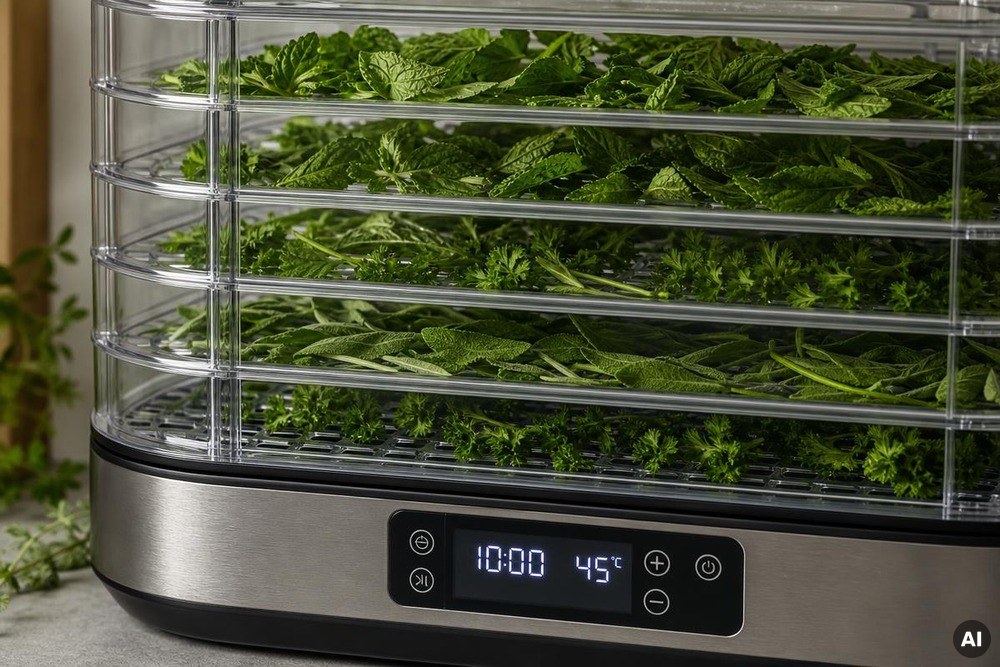 Verschiedene Kräuter auf den Gittern eines Dörrautomaten