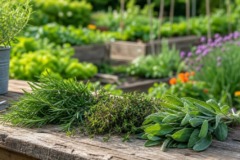 Frisch geerntete Kräuterbündel auf einem Holztisch im Garten
