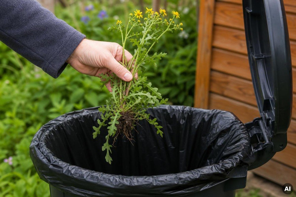 Ausgestochenes Kreuzkraut wird in einer Plastiktüte im Restmüll entsorgt