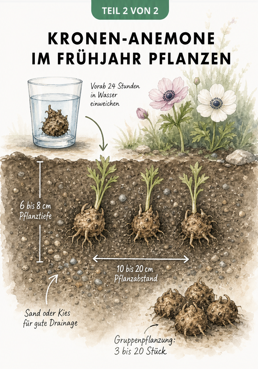 Aquarell-Illustration zur Pflanzung der Kronen-Anemone im Frühjahr: Knollen einweichen, Pflanztiefe 6 bis 8 cm und Pflanzabstand 10 bis 20 cm im Erdquerschnitt.
