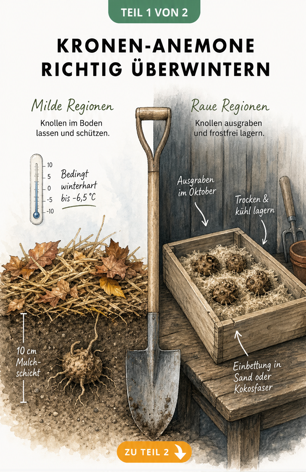 Illustration zur Überwinterung der Kronen-Anemone: Links milde Regionen mit Mulchschicht, rechts raue Regionen mit ausgegrabenen Knollen in einer Holzkiste.