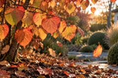 Nahaufnahme der herbstlich gefärbten Blätter eines Japanischen Kuchenbaums (Cercidiphyllum japonicum) in einem herbstlichen Garten.