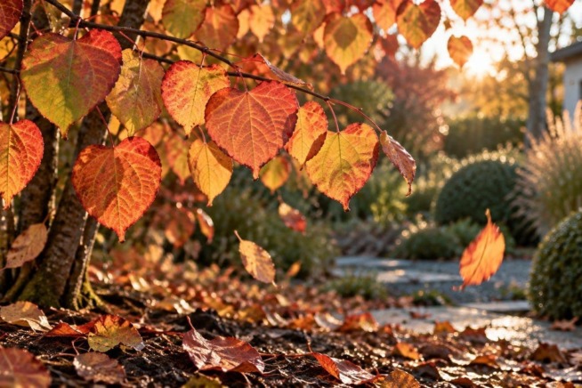 Nahaufnahme der herbstlich gefärbten Blätter eines Japanischen Kuchenbaums (Cercidiphyllum japonicum) in einem herbstlichen Garten.