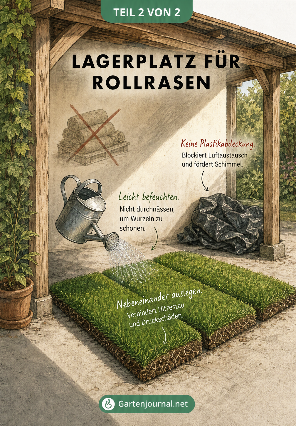 Isometrische Zeichnung eines idealen Lagerplatzes für Rollrasen unter einem Vordach