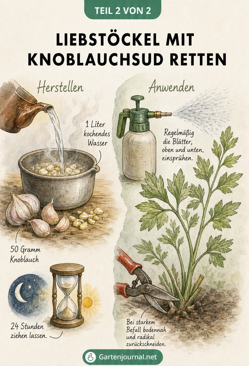 Illustration zur Herstellung und Anwendung von Knoblauchsud gegen Falschen Mehltau an Liebstöckel, inklusive Rückschnitt.