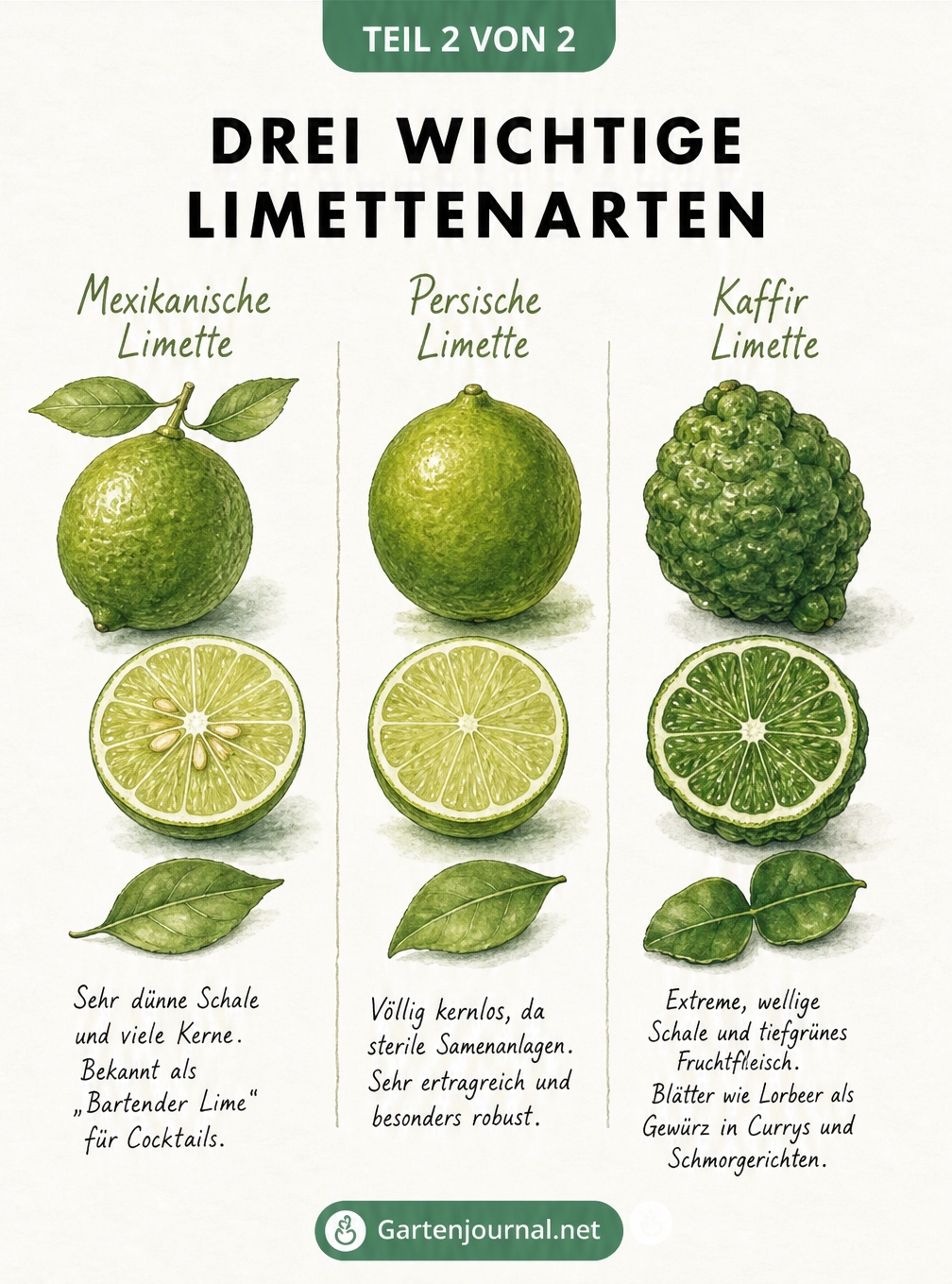 Illustration von drei Limettenarten: Mexikanische Limette, Persische Limette und Kaffir Limette mit Früchten und Blättern