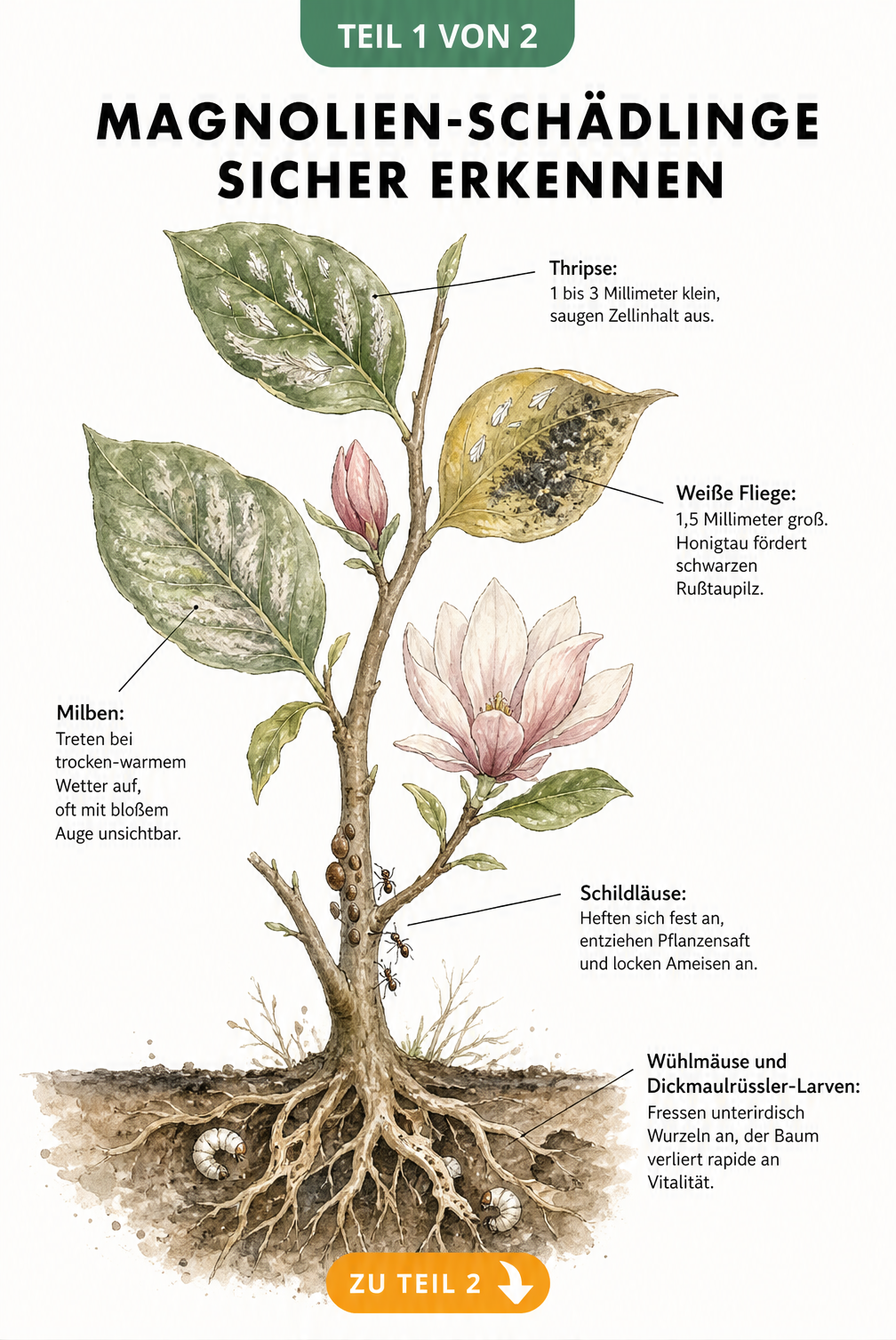 Botanische Illustration eines Magnolienzweiges mit Schadbildern von Thripsen, Weißer Fliege, Milben, Schildläusen und Wühlmäusen.