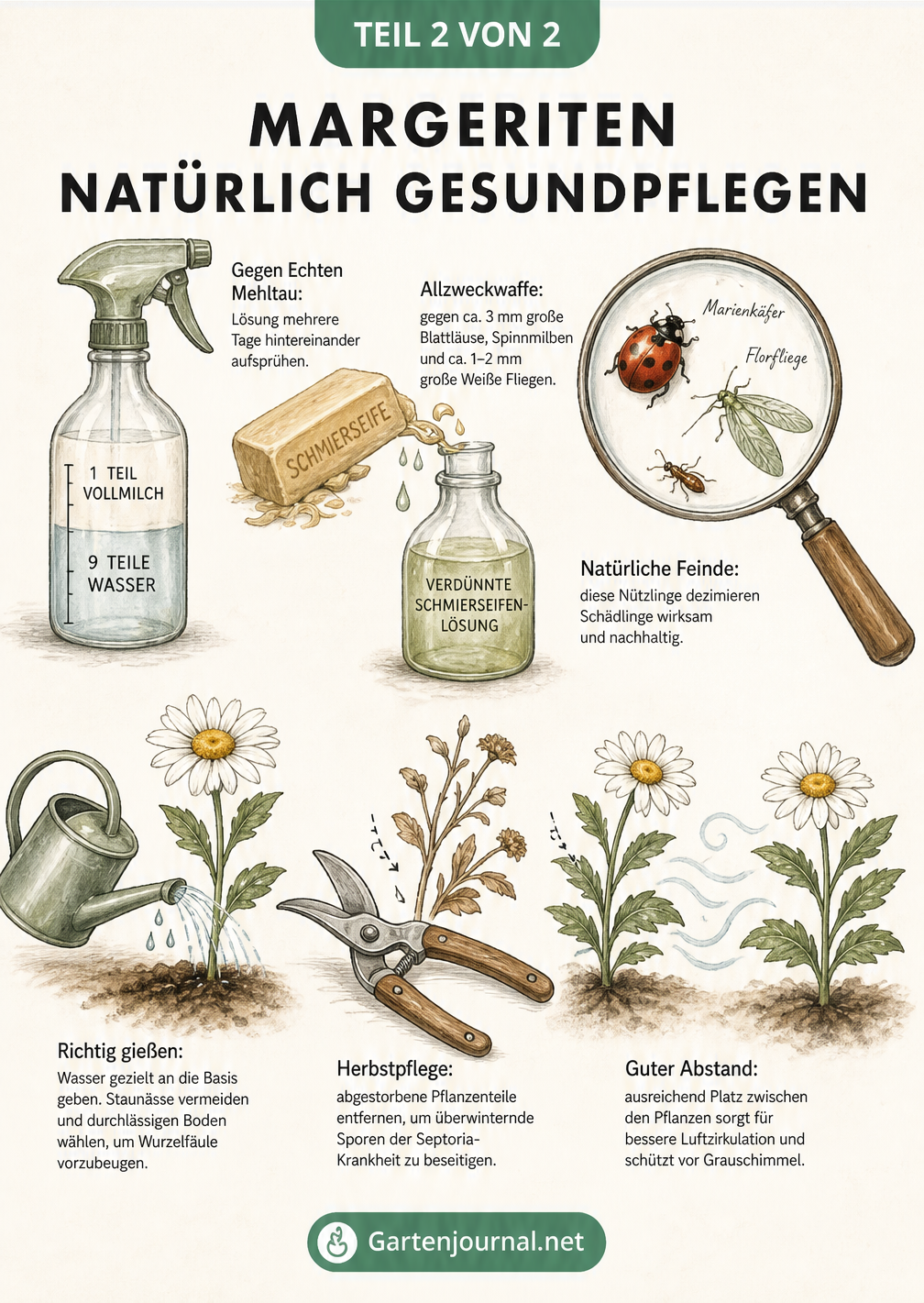 Illustration von Hausmitteln und Nützlingen für Margeriten: Sprühflasche mit Milch-Wasser-Mischung, Schmierseife, Lupe mit Marienkäfer, Florfliege und...