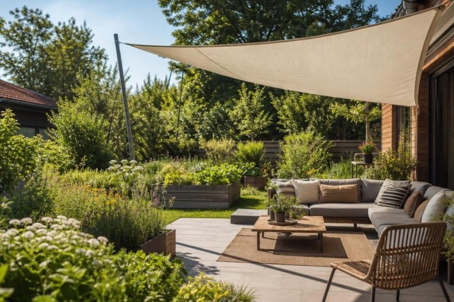 Ein moderner europäischer Garten mit einem hellen, gespannten Sonnensegel über einer gemütlichen Lounge-Ecke