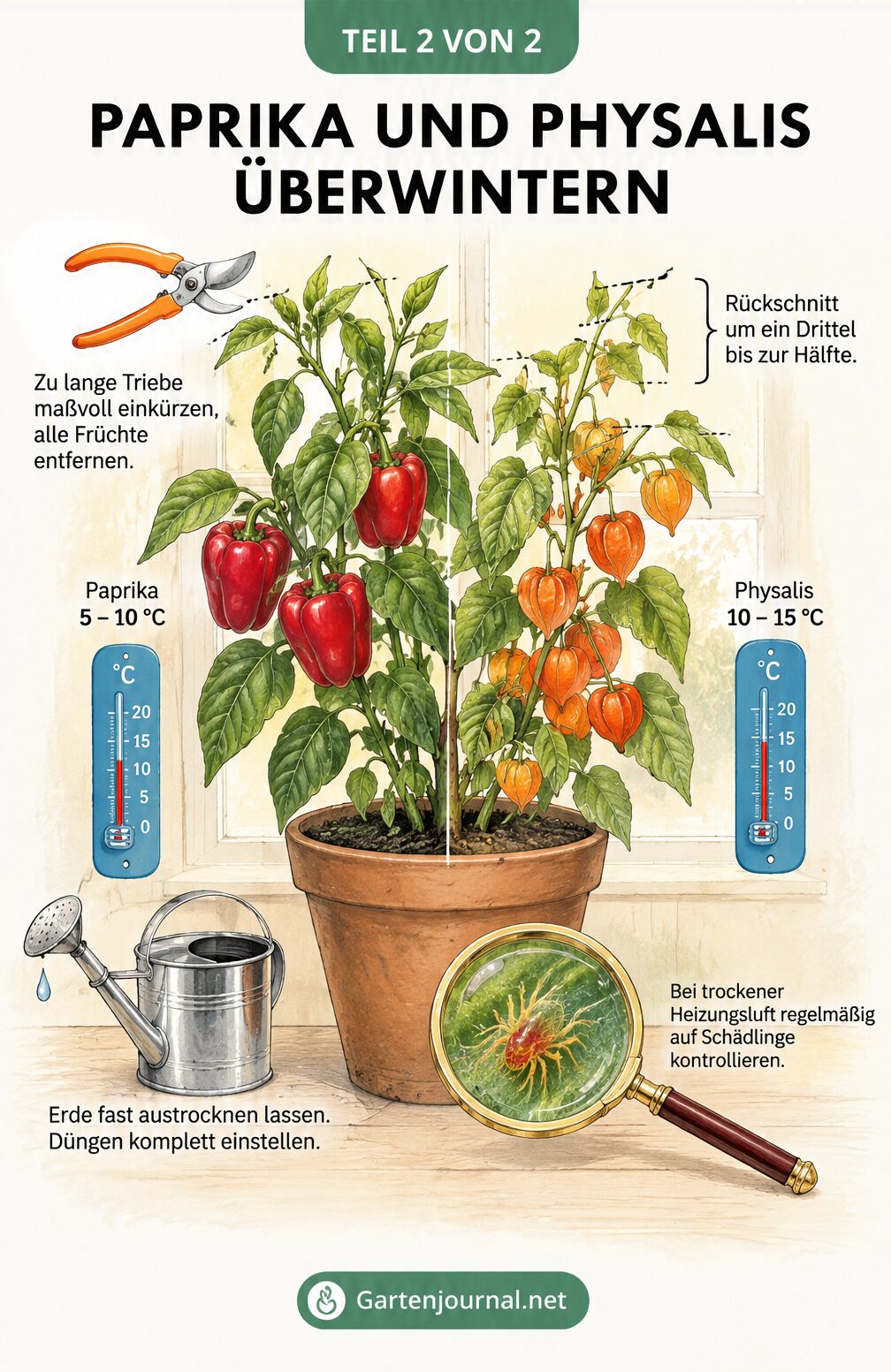 Schritt-für-Schritt Infografik zum Überwintern von Paprika und Chili im Haus.