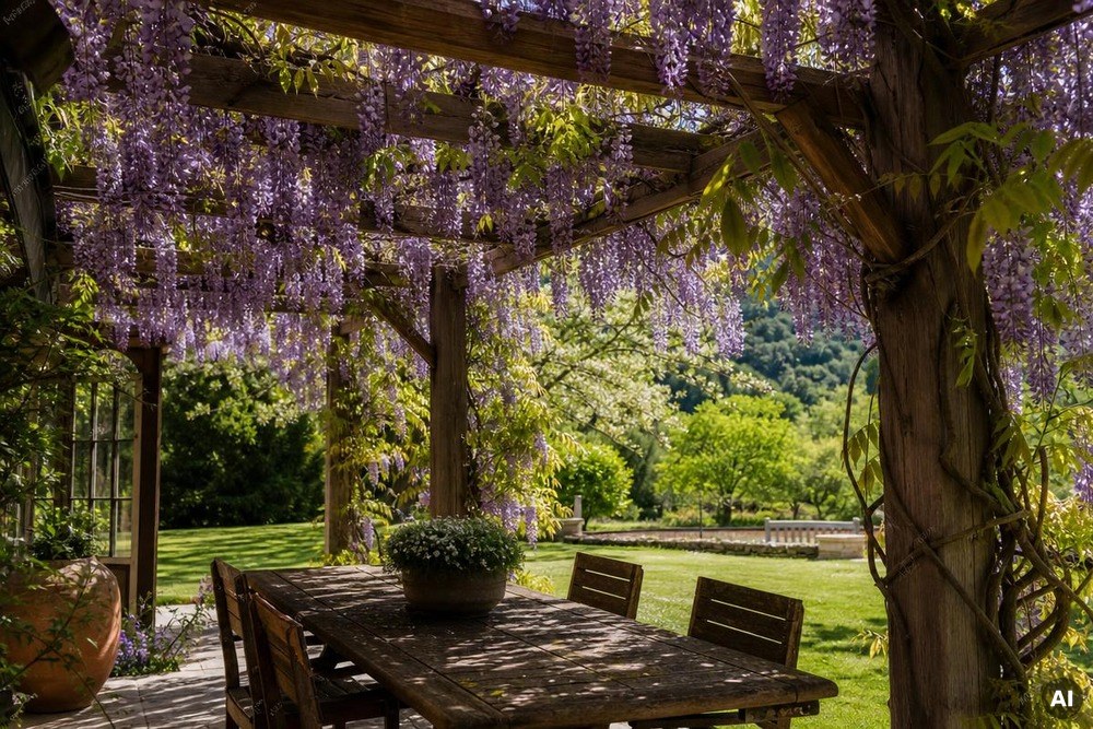 Eine Holzpergola, die dicht mit blühendem Blauregen bewachsen ist