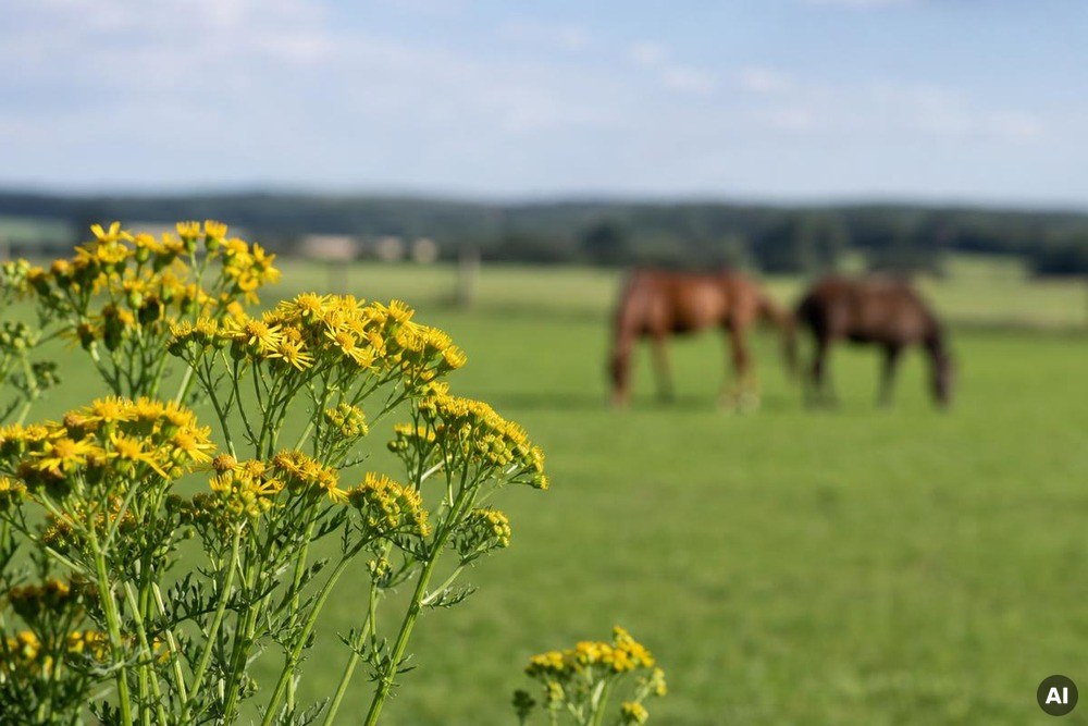 Pferde grasen auf einer Weide, im Vordergrund wächst gelbes Kreuzkraut