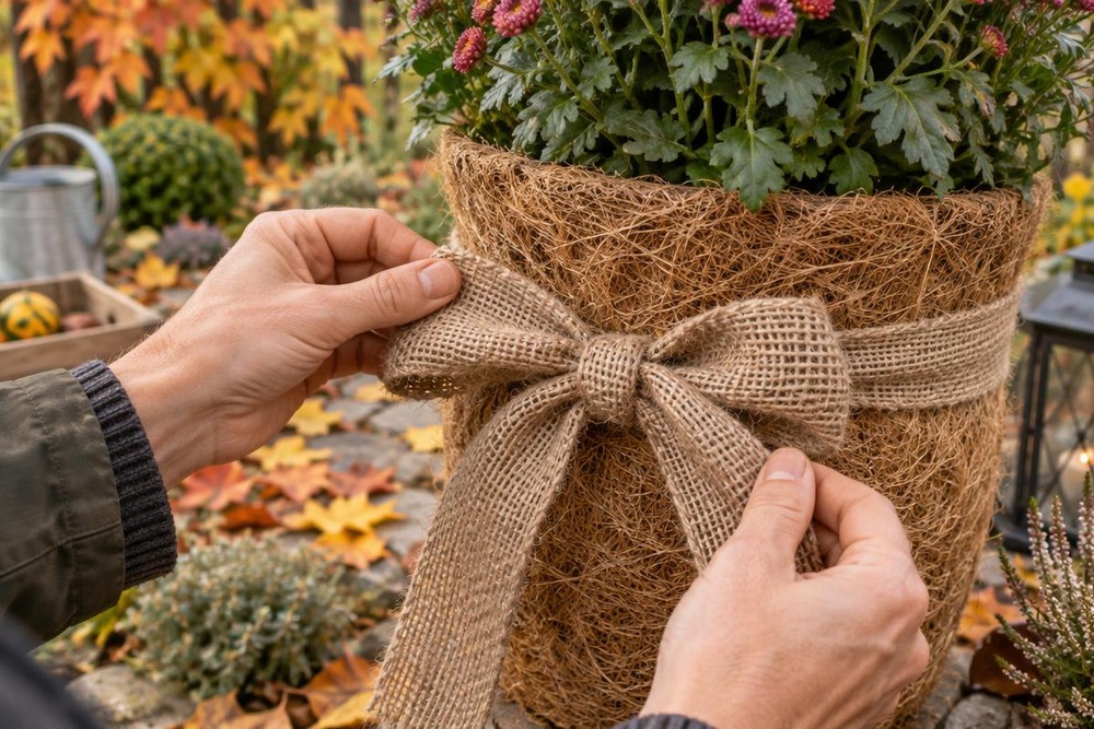 Eine Person wickelt im Spätherbst einen Jutesack um einen Blumentopf
