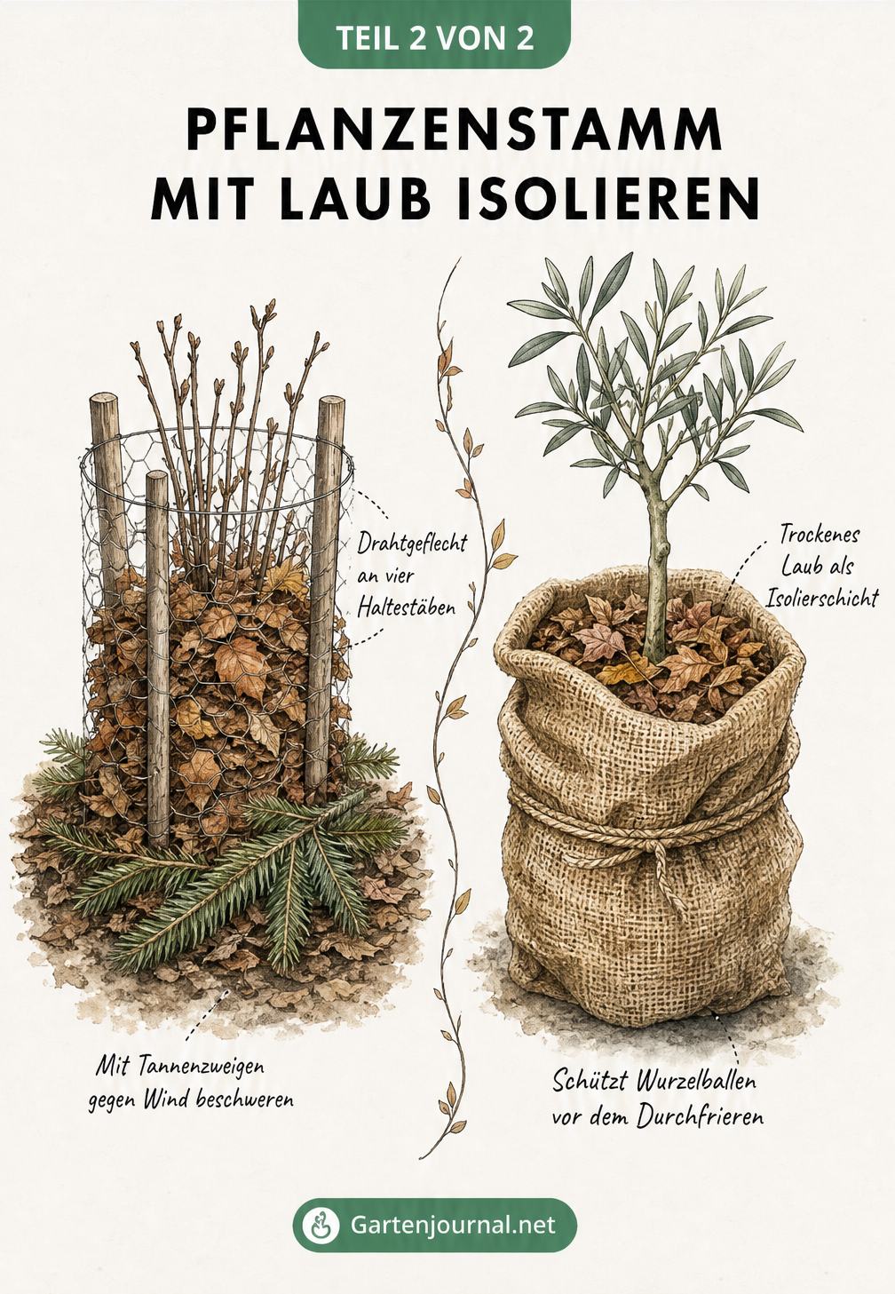 Illustration von Winterschutz-Techniken: Staude im Drahtgeflecht mit Laub und Kübelpflanze im Jutesack mit Laubfüllung