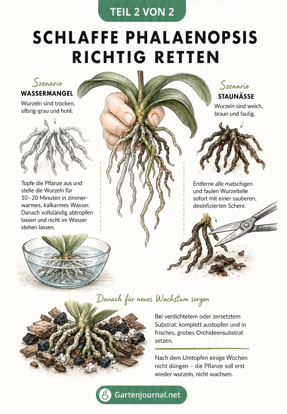 Illustration zur Rettung einer Phalaenopsis: Wurzelkontrolle, Tauchbad bei trockenen Wurzeln und Abschneiden fauliger Wurzeln