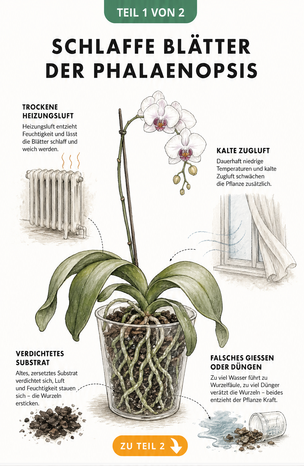 Querschnitt einer Phalaenopsis mit schlaffen Blättern, Heizkörper und Wurzelwerk im transparenten Topf