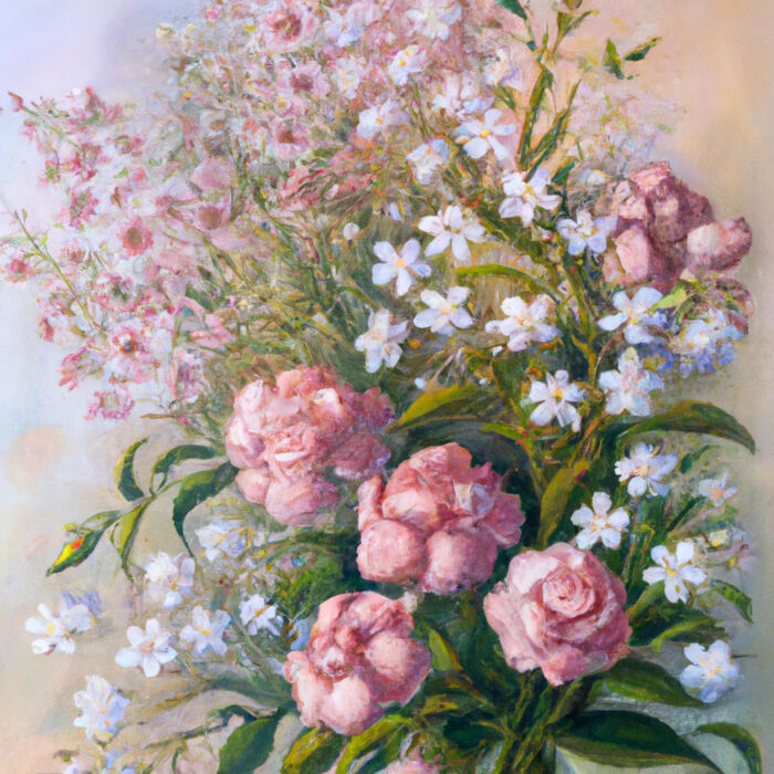 Blumenstrauß mit Phlox, Rosen und Schleierkraut als Illustration