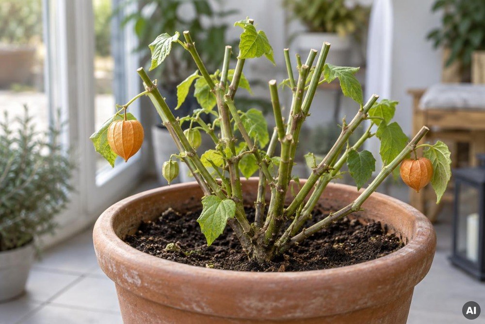 Eine zurückgeschnittene Physalis-Pflanze in einem großen Kübel in einem kühlen, hellen Raum.