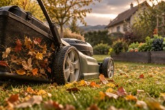 Ein moderner Rasenmäher fährt über einen herbstlichen Gartenrasen mit trockenem Laub, im Hintergrund ein gepflegtes Gemüsebeet.
