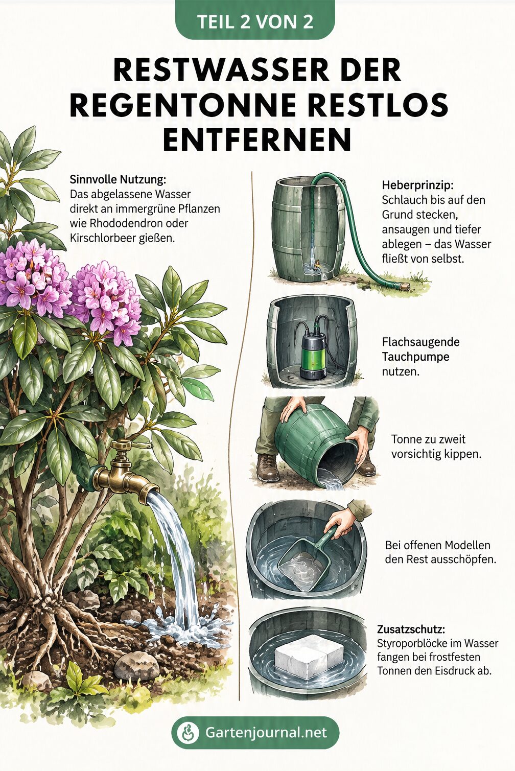 Übersicht der Schritte zum Leeren und Sichern der Regentonne vor dem Winter.
